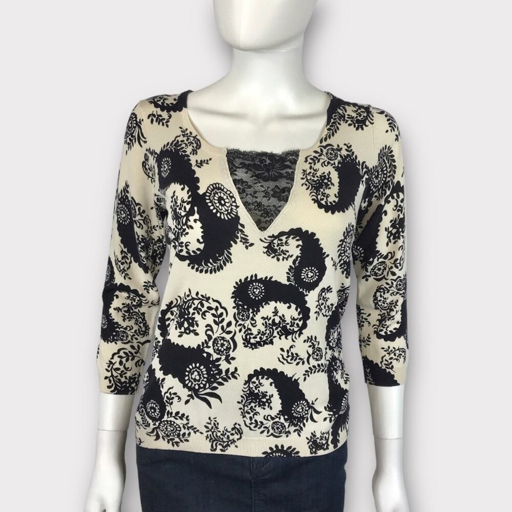 August Silk Black & White Knit Blouse Floral Paisley Print Top